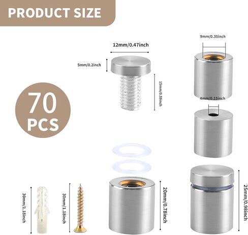 70 Pcs 1/2 x 1 Inch Sign Standoff Screws, Wall Stainless Steel Standoff Mounts Hardware Advertising, Glass Mounting Nail for Hanging Acrylic Picture Frame (Silver) in Kuwait