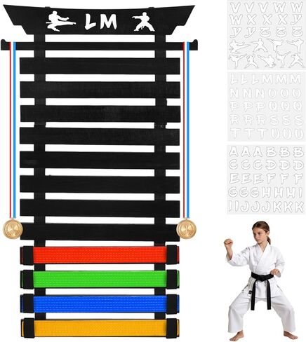12 Belts Martial Arts Wall Display Rack, Bamboo Karate Belt Organizer with Letter Stickers for Training Room, Home Gym or Dojo in Kuwait