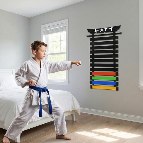 12 Belts Martial Arts Wall Display Rack, Bamboo Karate Belt Organizer with Letter Stickers for Training Room, Home Gym or Dojo in Kuwait