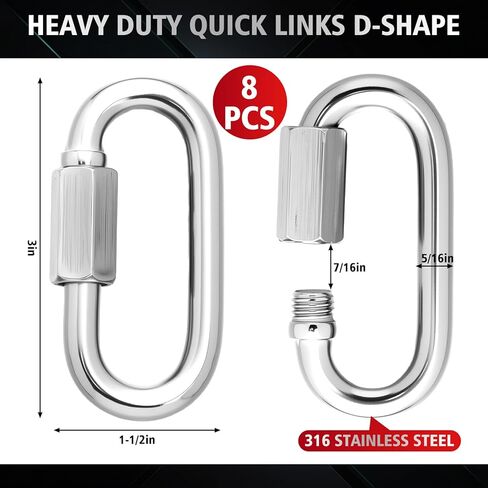 8 Pack 316 Stainless Steel Heavy Duty Quick Links D-Shape Locking Chain Connectors 875-2300 Lbs Working Load Marine Grade Safety Links for Towing Marine Camping Industrial Use(5/16") in Kuwait
