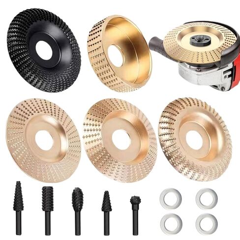 14PCS Angle Grinder Wood Carving Disc Set - 5Pcs 4"/4.5" 45# Carbon Steel Discs with 5 Rotary Burrs & 4 Adapter Rings, for Cutting, Polishing & Sculpting Hardwood/Softwood in Saudi Arabia