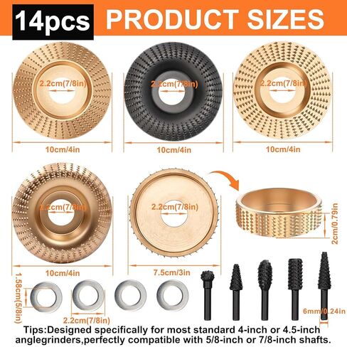 14PCS Angle Grinder Wood Carving Disc Set - 5Pcs 4"/4.5" 45# Carbon Steel Discs with 5 Rotary Burrs & 4 Adapter Rings, for Cutting, Polishing & Sculpting Hardwood/Softwood in Saudi Arabia
