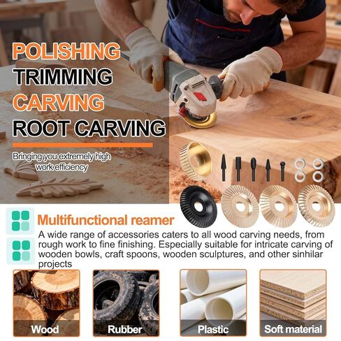 14PCS Angle Grinder Wood Carving Disc Set - 5Pcs 4"/4.5" 45# Carbon Steel Discs with 5 Rotary Burrs & 4 Adapter Rings, for Cutting, Polishing & Sculpting Hardwood/Softwood in Saudi Arabia