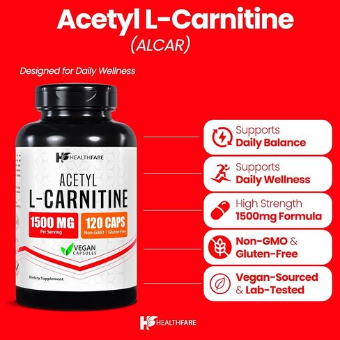 Healthfare L Carnitine Capsules 1500mg | High Potency (ALCAR) Supplement | 120 Acetyl L-Carnitine Vegetarian Pills | Energy & Wellness Support | Non-GMO, Gluten-Free | Made in USA in Saudi Arabia