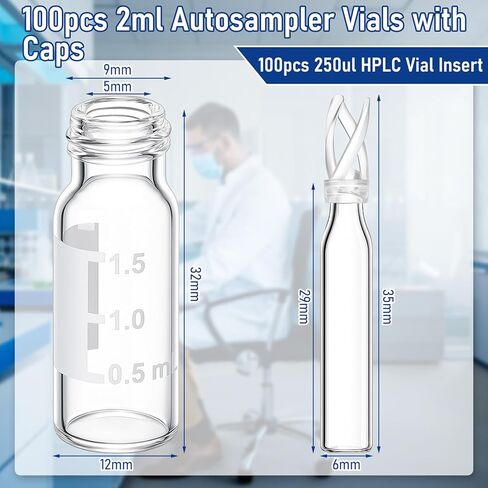 Qinyoung 100sets 2ml Autosampler Vials with Caps and 100pcs 250ul HPLC Vial Insert, 9-425 GC/HPLC Clear Vials with Insert Clear Glass Used in Standard HPLC and GC Applications in Saudi Arabia