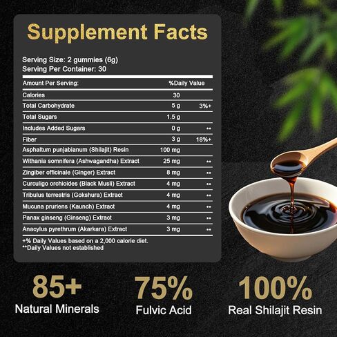 Shilajit Gummies, Form Himalayan Shilajit, with Ashwagandha Gokshura, No Added Sugar Non-GMO 100% Natural & Organic, Fulvic Acid & 85+ Trace Minerals for Men, Women | 60 Gummy in Saudi Arabia