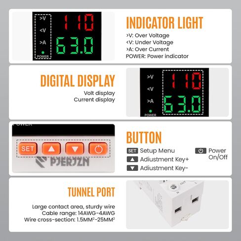 Adjustable Voltage Protector 110/230VAC 2P 63A Adjustable Smart Breaker Voltage Protector Current Limit Quick Disconnect Overvoltage Undervoltage Time-delay Protection Automatic Reset in Kuwait