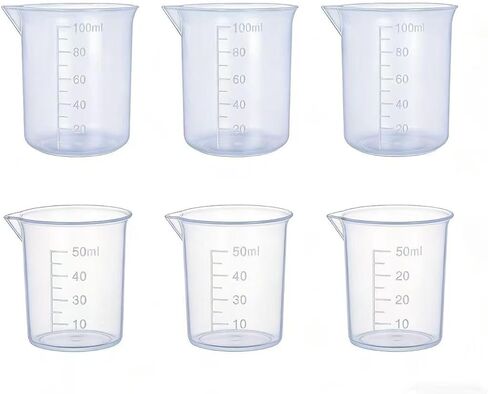 Plastic Beaker Set, 50ml & 100ml Graduated Measuring Cups (6 Pack) - 3x50ml & 3x100ml Transparent PP Mixing Cups for Kitchen, Laboratory, School Science Experiments & Educational Learning in Saudi Arabia