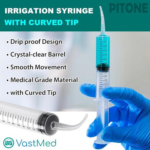 50 Pcs Pitone Irrigation Syringe with Curved Tip 12cc/ml by Vastmed | Disposable Dental Wisdom Teeth Syringes with Measure Scale for Tooth Care Oral Tonsil Stone in Saudi Arabia