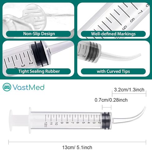 50 Pcs Pitone Irrigation Syringe with Curved Tip 12cc/ml by Vastmed | Disposable Dental Wisdom Teeth Syringes with Measure Scale for Tooth Care Oral Tonsil Stone in Saudi Arabia