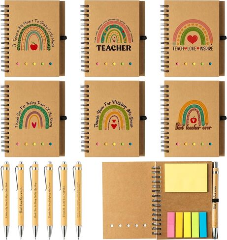 ANGOLIO 12Pcs Teacher Appreciation Gift Bulk Thank You Gifts Inspirational Spiral Notebook with Sticky Notepad Motivational Bamboo Pens for Teacher's Day Appreciation Supplies School Office Supplies in Kuwait