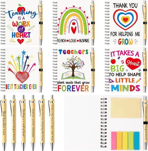ANGOLIO 12Pcs Teacher Appreciation Gift Bulk Thank You Gifts Inspirational Spiral Notebook with Sticky Notepad Motivational Bamboo Pens for Teacher's Day Appreciation Supplies School Office Supplies in Kuwait