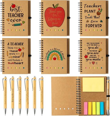 ANGOLIO 12Pcs Teacher Appreciation Gift Bulk Thank You Gifts Inspirational Spiral Notebook with Sticky Notepad Motivational Bamboo Pens for Teacher's Day Appreciation Supplies School Office Supplies in Kuwait