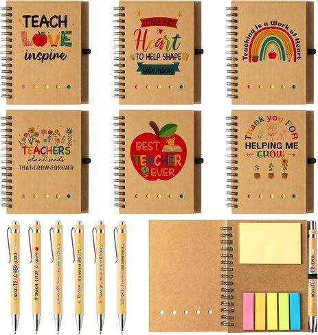 ANGOLIO 12Pcs Teacher Appreciation Gift Bulk Thank You Gifts Inspirational Spiral Notebook with Sticky Notepad Motivational Bamboo Pens for Teacher's Day Appreciation Supplies School Office Supplies in Kuwait