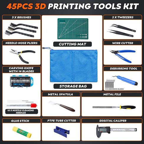 مجموعة أدوات الطابعة ثلاثية الأبعاد المكونة من 45 قطعة، ملحق الطباعة ثلاثية الأبعاد يتضمن أداة إزالة الأزيز وفرجار رقمي ومجموعة سكاكين فنية وقاطع أنبوب وحقيبة تخزين مناسبة لإزالة الطباعة ثلاثية الأبعاد والتنظيف والتشطيب in Kuwait