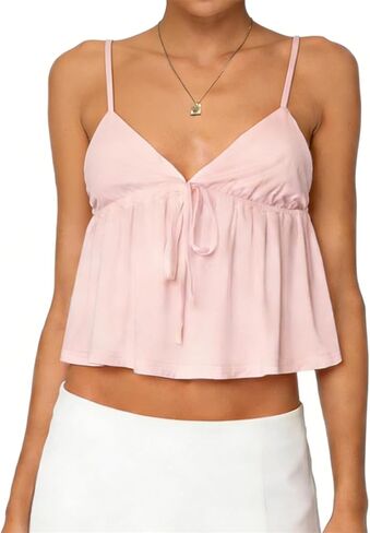 النساء y2k flowy hem hem كامي دبابة قمة ألوان صلبة عارضة عميق الخام in Kuwait