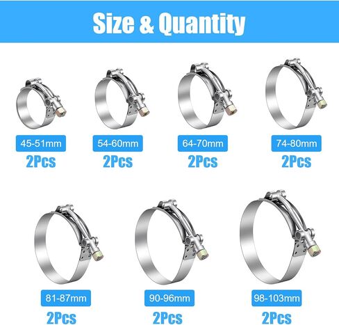 14PCS T-Bolt Hose Clamps 7 Sizes Stainless Steel Turbo Intake Intercooler Clamp, Working Range 28mm-116mm for 0.75" -4'' Hose ID, Radiator Hose Clamp for Automotive in Kuwait