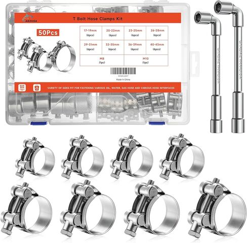 AKIHISA 50Pcs 17-43mm 8Sizes T Bolt Hose Clamps, 304 Stainless Steel Heavy Duty Hose Clamps, Constant Tension Hose Clamp, with M8 and M10 Socket Wrenches in Kuwait
