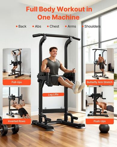 VEVOR Pull Up Bar, 330 LBS Power Tower Dip Station, Workout Dip Station with H-Shaped Stable Base & Back Pad, Adjustable 12 Level Height Free Standing Chin Up Bar for Back, 4-Level Adjustable Back Pad in Saudi Arabia