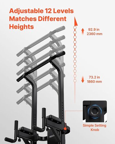 VEVOR Pull Up Bar, 330 LBS Power Tower Dip Station, Workout Dip Station with H-Shaped Stable Base & Back Pad, Adjustable 12 Level Height Free Standing Chin Up Bar for Back, 4-Level Adjustable Back Pad in Saudi Arabia