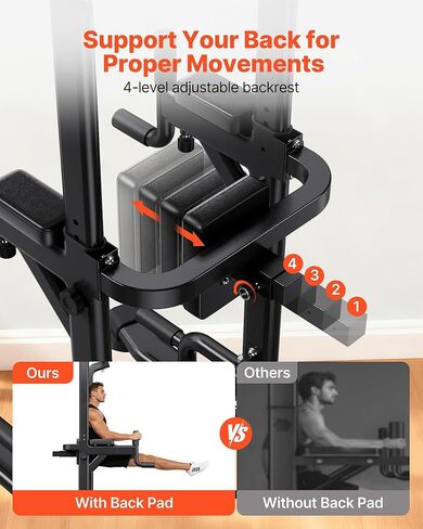 VEVOR Pull Up Bar, 330 LBS Power Tower Dip Station, Workout Dip Station with H-Shaped Stable Base & Back Pad, Adjustable 12 Level Height Free Standing Chin Up Bar for Back, 4-Level Adjustable Back Pad in Saudi Arabia