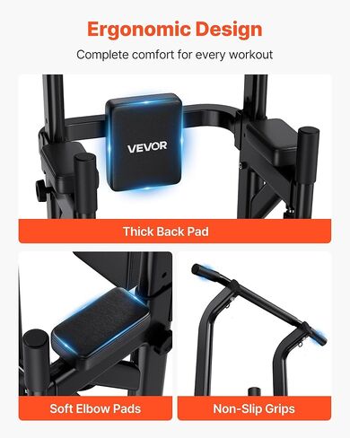 VEVOR Pull Up Bar, 330 LBS Power Tower Dip Station, Workout Dip Station with H-Shaped Stable Base & Back Pad, Adjustable 12 Level Height Free Standing Chin Up Bar for Back, 4-Level Adjustable Back Pad in Saudi Arabia