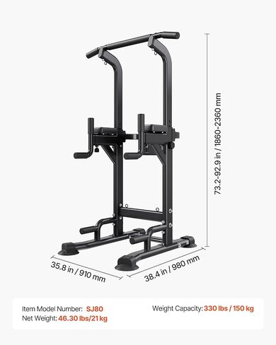 VEVOR Pull Up Bar, 330 LBS Power Tower Dip Station, Workout Dip Station with H-Shaped Stable Base & Back Pad, Adjustable 12 Level Height Free Standing Chin Up Bar for Back, 4-Level Adjustable Back Pad in Saudi Arabia