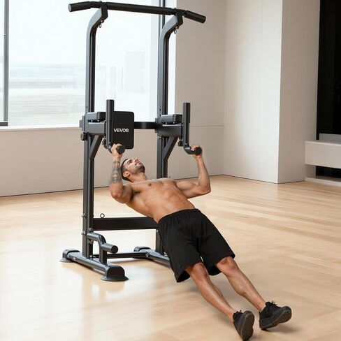 VEVOR Pull Up Bar, 330 LBS Power Tower Dip Station, Workout Dip Station with H-Shaped Stable Base & Back Pad, Adjustable 12 Level Height Free Standing Chin Up Bar for Back, 4-Level Adjustable Back Pad in Saudi Arabia