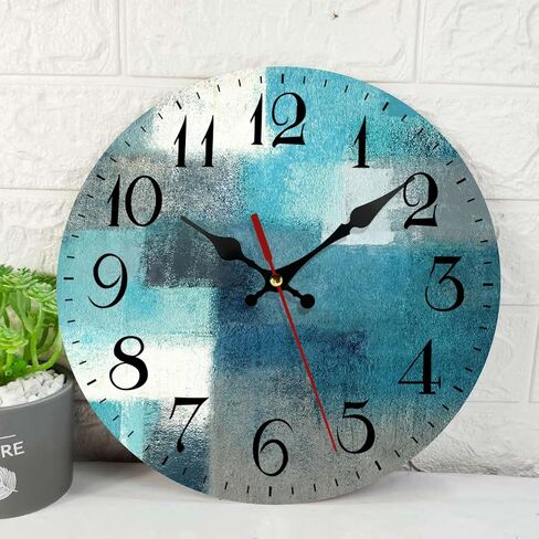 ArtSocket Wooden Wall Clock Silent Non-Ticking, Blue White Grey Abstract Painting Gray Vintage Round Wall Clocks Decor for Home Kitchen Living Room Office, Battery Operated(10 Inch) in Kuwait