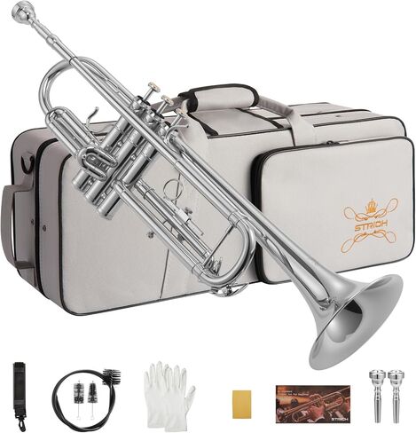 مجموعة بوق قياسية Bb للمبتدئين من STRICH، أداة بوق نحاسية للطلاب مع حقيبة صلبة، مجموعة تنظيف، قطع أبواق 7C و3C، وقفازات - STR-1S، فضي in Kuwait