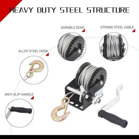 800lbs Heavy Duty Boat Trailer Winch with Gloves, Hand Crank Winch with 33ft Cable Manual Winch, 2-Way Ratchet & 4:1 Gear Trailer Winch, Manual Operated Winch for Trailers ATV UTV Boat Marine ﻿ in Kuwait