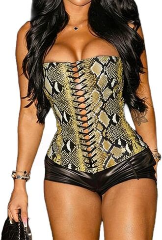 Molilove Womens Faux Leather Top Sexy Animals Print Bustier Corset Strapless Bandeau Sleeveless Party Crop Tube Top in Saudi Arabia