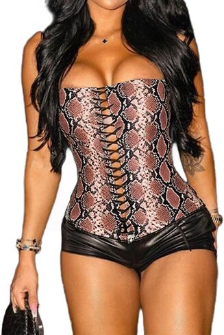 Molilove Womens Faux Leather Top Sexy Animals Print Bustier Corset Strapless Bandeau Sleeveless Party Crop Tube Top in Saudi Arabia
