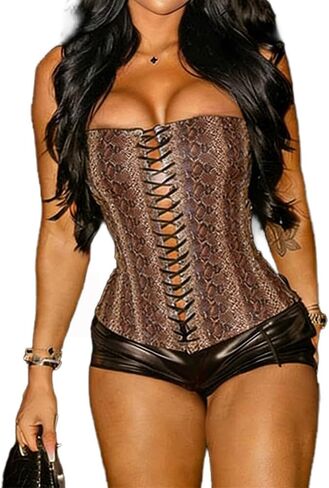 Molilove Womens Faux Leather Top Sexy Animals Print Bustier Corset Strapless Bandeau Sleeveless Party Crop Tube Top in Saudi Arabia