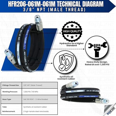 3/8" Hydraulic Hose Assembly with Male NPT X Male NPT 7,250 psi (48 inches) SAE 100 R2AT 2-Wire Braided, Oil-Resistant Rubber Tube, High-Tensile Steel Reinforced | Model HFR206-061M-061M-48 in Saudi Arabia