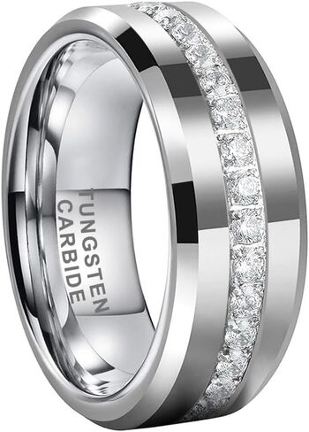 8mm Silver/Black/Gold Tungsten Rings for Men Women Couple Eternity Anniversary Engagement Wedding Bands Fashion Jewelry CZ Stone Inlay Beveled Polished Shiny Comfort Fit in Kuwait