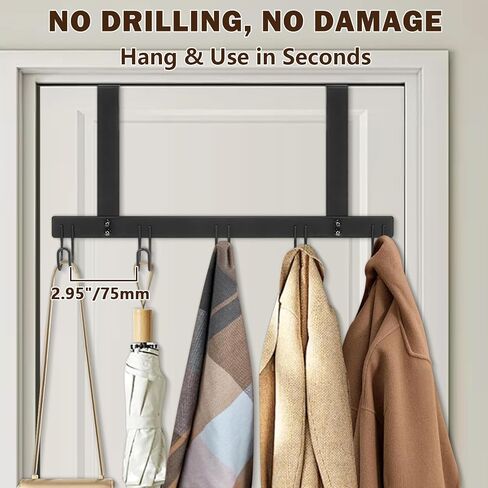 Over The Door Hooks, No Drill Door Towels Hanger, Metal Hanging Towel Holder with 5 Coat Hooks for Bathroom, Bedroom, Kitchen (Matte Black) in Saudi Arabia