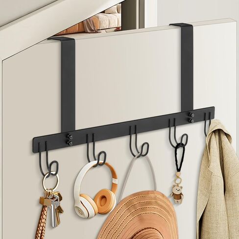 Over The Door Hooks, No Drill Door Towels Hanger, Metal Hanging Towel Holder with 5 Coat Hooks for Bathroom, Bedroom, Kitchen (Matte Black) in Saudi Arabia