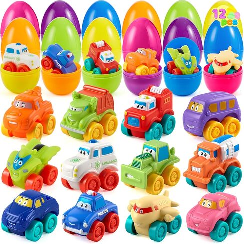 joyin 12 pcs بيض عيد الفصح مملوءة بالملعب والبيض البلاستيكي مع سيارات مطاطية وأشجار سلة وفضلات للحفلات للأطفال الصغار والأطفال ولعبة عيد الفصح ولوازم جائزة الفصل الدراسي in Kuwait