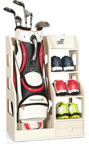 Mythinglogic Wooden Golf Bag Storage Rack, Golf Organizer with Shoe Shelves, Ball Holder & Drawer, MDF Golf Equipment Storage Cabinet for Home, Garage or Simulator Room in Kuwait