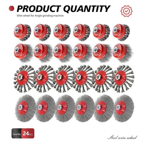 مجموعة 24 فرشاة عجلة سلكية 12 قطعة فرشاة عجلة 4-1/2 بوصة 12 قطعة 3 فرشاة أكواب لمطحنة زاوية 4-1/2 بوصة مع 5/8 بوصة-11 عجلة أسلاك من الفولاذ الكربوني الملولبة للتكييف شديد التحمل وإزالة الصدأ in Kuwait