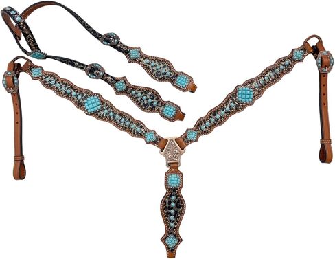 طقم تثبيت الرأس على الأذن الغربية وياقة الصدر مع طباعة الفهد وطبقة من الحجر الفيروزي - جلد البقر الأرجنتيني الفاخر لمحبي الخيول in Kuwait