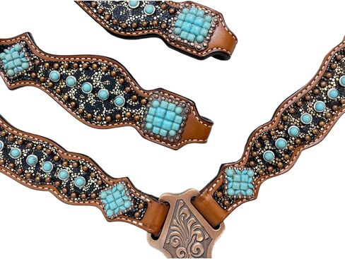 طقم تثبيت الرأس على الأذن الغربية وياقة الصدر مع طباعة الفهد وطبقة من الحجر الفيروزي - جلد البقر الأرجنتيني الفاخر لمحبي الخيول in Kuwait