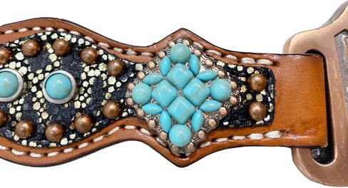 طقم تثبيت الرأس على الأذن الغربية وياقة الصدر مع طباعة الفهد وطبقة من الحجر الفيروزي - جلد البقر الأرجنتيني الفاخر لمحبي الخيول in Kuwait