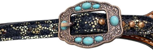 طقم تثبيت الرأس على الأذن الغربية وياقة الصدر مع طباعة الفهد وطبقة من الحجر الفيروزي - جلد البقر الأرجنتيني الفاخر لمحبي الخيول in Kuwait