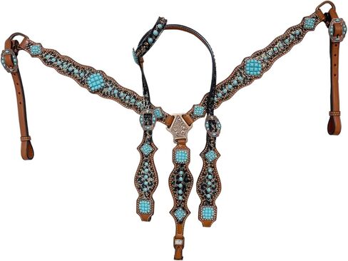 طقم تثبيت الرأس على الأذن الغربية وياقة الصدر مع طباعة الفهد وطبقة من الحجر الفيروزي - جلد البقر الأرجنتيني الفاخر لمحبي الخيول in Kuwait
