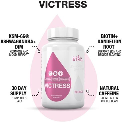 Sweat Ethic Victress، دعم توازن الهرمونات للنساء مع KSM-66 Ashwagandha، DIM، البيوتين، حمض الفوليك، جذر الهندباء، الفلفل الحار وفيتامين D3، تركيبة صحية يومية، 90 كبسولة سهلة تناولها in Saudi Arabia