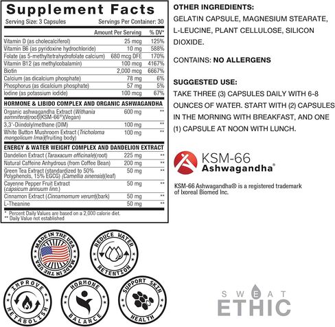 Sweat Ethic Victress، دعم توازن الهرمونات للنساء مع KSM-66 Ashwagandha، DIM، البيوتين، حمض الفوليك، جذر الهندباء، الفلفل الحار وفيتامين D3، تركيبة صحية يومية، 90 كبسولة سهلة تناولها in Saudi Arabia