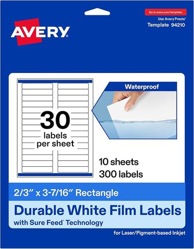 Avery Durable Waterproof Rectangle Labels with Sure Feed, 2/3" x 3-7/16", 750 Oil and Tear-Resistant Waterproof Labels, Laser/Pigment-Based Inkjet Printable Labels in Saudi Arabia