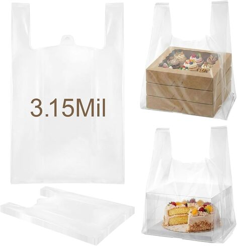 100 Pcs 3.15 Mil Large Plastic Take out Bags with Handles Heavy Duty Clear Shopping Bag Widened Grocery Bags for Pizza Bakery Cake Box (13.8"x10"x23.5") in Kuwait